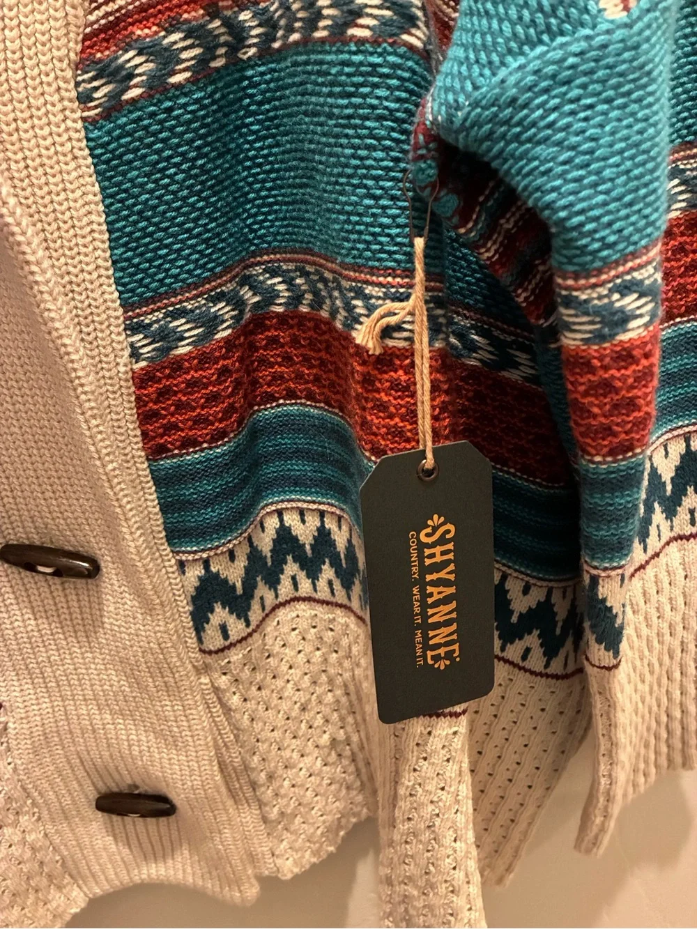 NWT Shyanne Cream, Teal & Rust Geometric Shawl Collar Cardigan Size L